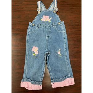 Vintage Girls 24 Month Denim Overalls with Floral Embroidery